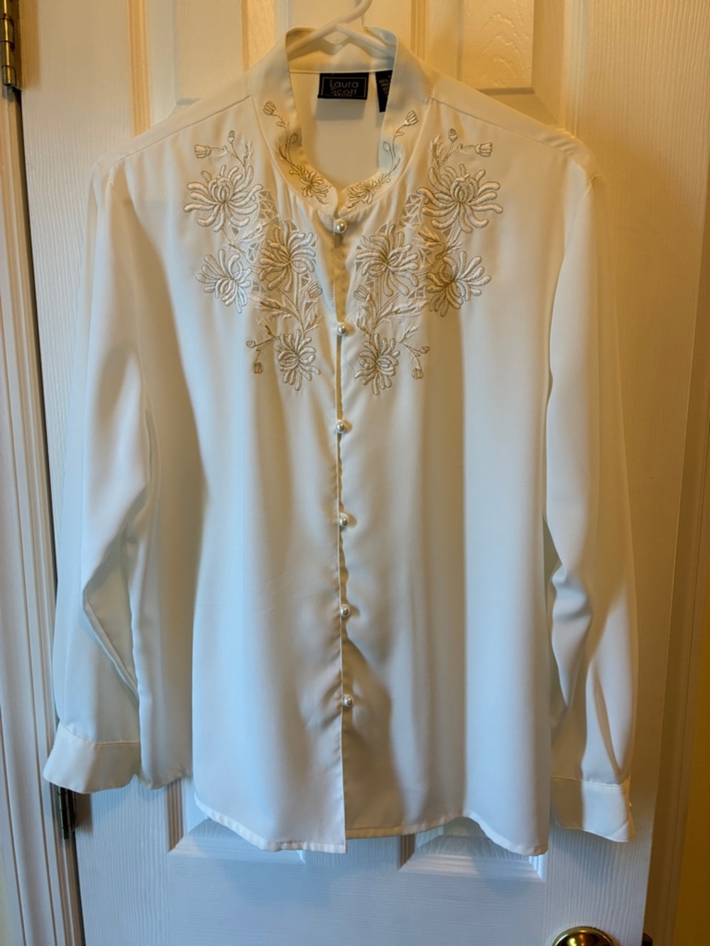Laura Scott White Blouse with Gold Floral Embroidery and Pearl Buttons